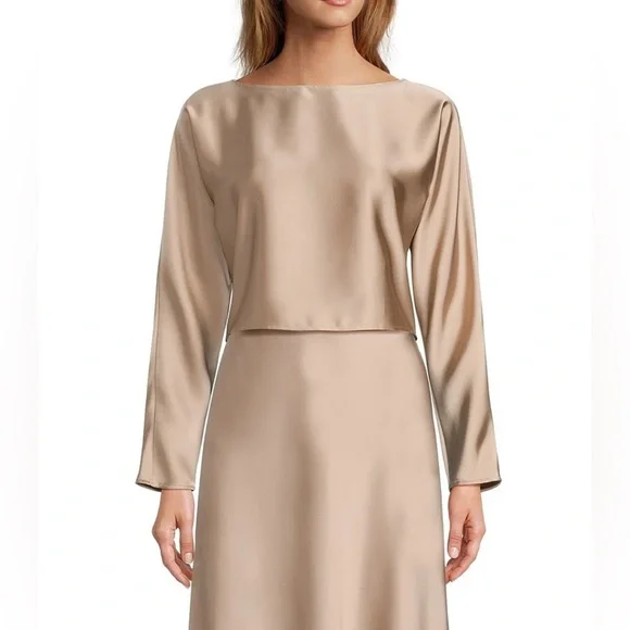 Antonio Melani Blyss Drapey Satin Boat Neck Long Sleeve Champagne Blouse Size L - Picture 2 of 10